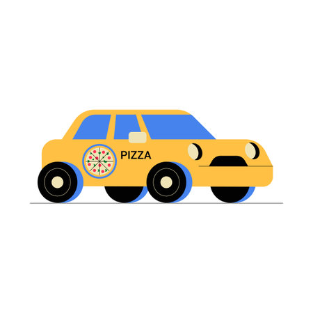 Pizza Delivery Car In Flat Vector Illustration Symbolizing Fast Food, Logistics, And Urban Delivery Service, Isolated On White Backgroundのイラスト素材