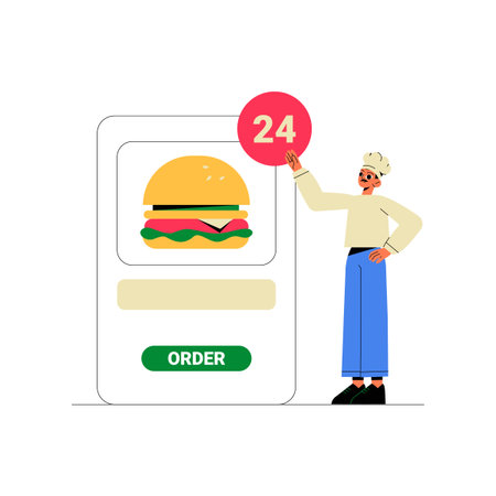 Burger Ordering Screen With Male Chef Holding Service Time Icon In Flat Vector Illustration Symbolizing Fast Food Service, Restaurant Management, And Delivery, Isolated On White Backgroundのイラスト素材