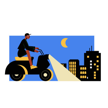 Delivery Rider On A Scooter In Flat Vector Illustration Symbolizing Fast Delivery, Nighttime Urban Scene, And Logistics, Isolated On White Background.のイラスト素材