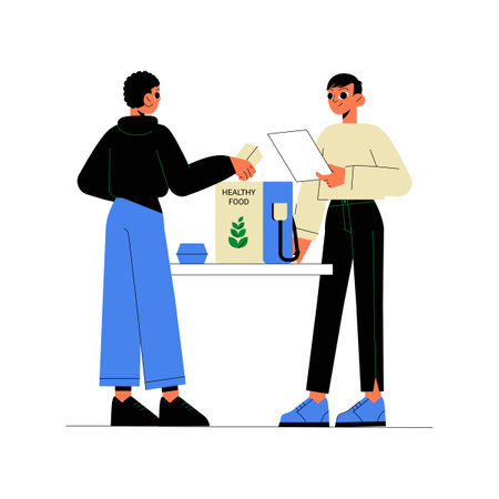 Two Male Characters Interacting Over A Healthy Food Product At A Counter In Flat Vector Illustration Symbolizing Sustainable Consumption And Sales, Isolated On White Backgroundのイラスト素材