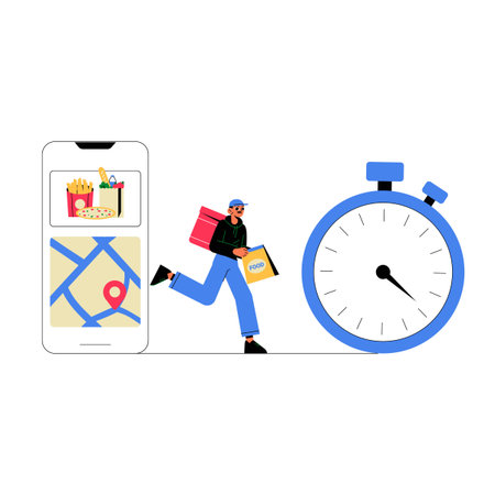 Food Delivery Rider And Stopwatch With Smartphone In Flat Vector Illustration Symbolizing Speedy Delivery, Online Ordering, And Fast Food Services, Isolated On White Background.のイラスト素材