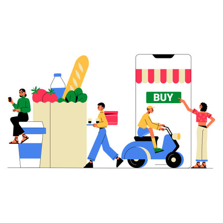 Grocery Delivery And Online Shopping In Flat Vector Illustration Symbolizing E-Commerce, Convenience, And Digital Retail, Isolated On White Backgroundのイラスト素材