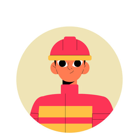Male Firefighter Avatar In Red Uniform And Helmet In Flat Vector Illustration Symbolizing Fire Safety, Bravery, And Heroism, Isolated On White Backgroundのイラスト素材