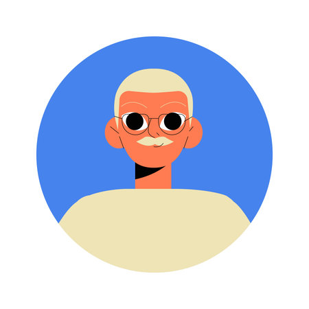 Male Senior Avatar With Glasses And Moustache In Flat Vector Illustration Symbolizing Wisdom,...