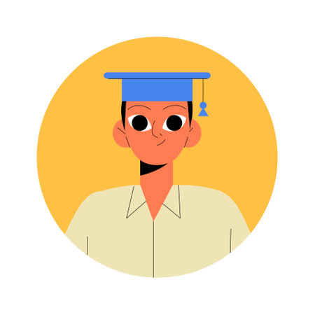 Male Avatar In A Graduation Cap And Beige Shirt In Flat Vector Illustration Symbolizing Academic Achievement And Education, Isolated On White Backgroundのイラスト素材