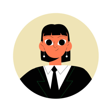 Female Professional With Black Suit And Earrings Avatar In Flat Vector Illustration Symbolizing Elegance, Leadership, And Professionalism, Isolated On White Backgroundのイラスト素材
