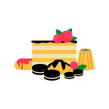 Variety Of Desserts With Fruits And Pastries In Flat Vector Illustration Symbolizing Sweet Treats,...