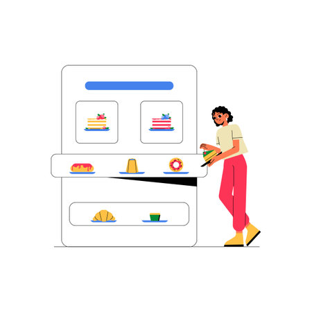 Woman Choosing Dessert From A Display Case In Flat Vector Illustration Symbolizing Food Choices, Sweet Treats, And Culinary Delights, Isolated On White Background.のイラスト素材