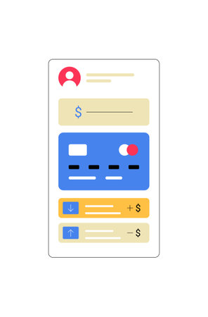 Mobile Banking App With Credit Card Details In Flat Vector Illustration Symbolizing Online Finance, Payments, And Digital Transactions, Isolated On White Backgroundのイラスト素材