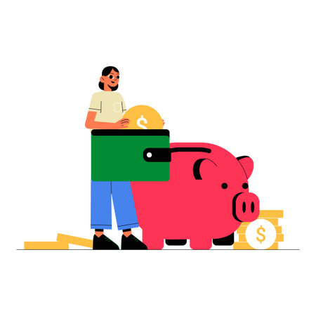 Woman Holding Coin Near Piggy Bank In Flat Vector Illustration Symbolizing Saving Money, Budgeting, And Personal Finance, Isolated On White Background.のイラスト素材