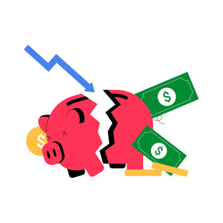 Broken Piggy Bank With Money And Downward Arrow In Flat Vector Illustration Symbolizing Financial Loss, Crisis, And Economic Downturn, Isolated On White Background.のイラスト素材