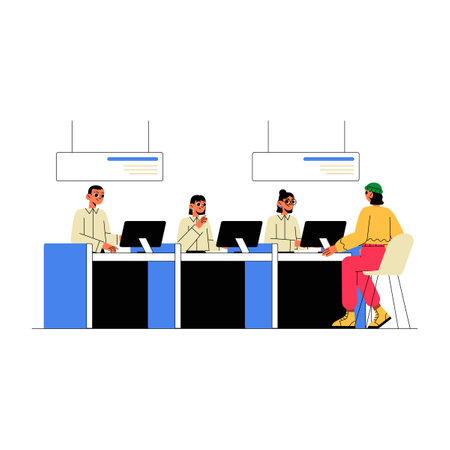 Bank Customer Consulting With Bank Employees At Service Desks In Flat Vector Illustration Symbolizing Financial Support And Customer Assistance, Isolated On White Backgroundのイラスト素材