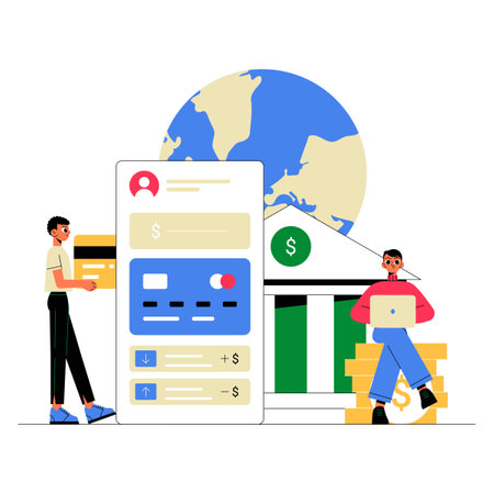 Mobile Banking App, Male Client Making Payment, Bank Building, Flat Vector Illustration Symbolizing Online Transactions And Financial Services, Isolated On White Backgroundのイラスト素材