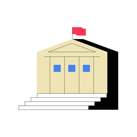 University building with a red flag and steps in a flat vector illustration symbolizing education, knowledge, and higher learning.のイラスト素材