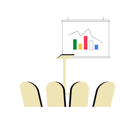 Presentation Stand With Chart And Empty Chairs In Flat Vector Illustration Symbolizing Business Meetings, Conferences, And Data Analysis, Isolated On White Backgroundのイラスト素材