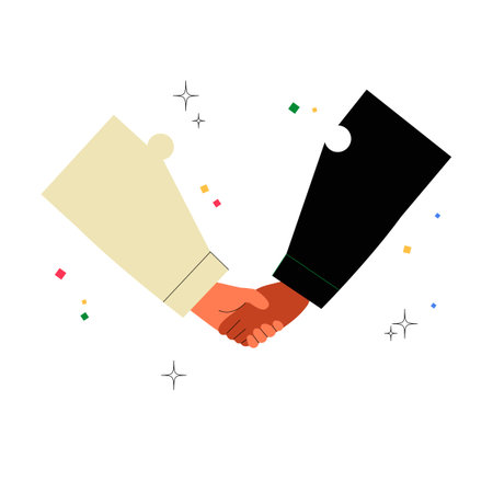 Handshake With Puzzle Pieces In Flat Vector Illustration Symbolizing Partnership, Collaboration, And Teamwork, Isolated On White Backgroundのイラスト素材