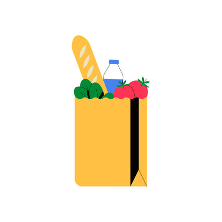 Grocery Bag With Fresh Produce And Baguette In Flat Vector Illustration Symbolizing Healthy Eating, Shopping, And Food Supply, Isolated On White Backgroundのイラスト素材