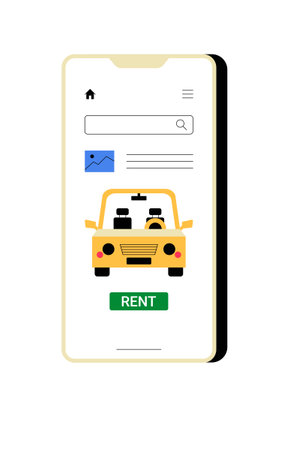 Smartphone With Car Rental Application Interface In Flat Vector Illustration Symbolizing Online Booking, Convenience, And Mobility, Isolated On White Background.のイラスト素材