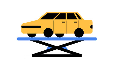 Yellow Car On Hydraulic Lift In Flat Vector Illustration Symbolizing Vehicle Inspection And Maintenance, Isolated On White Backgroundのイラスト素材