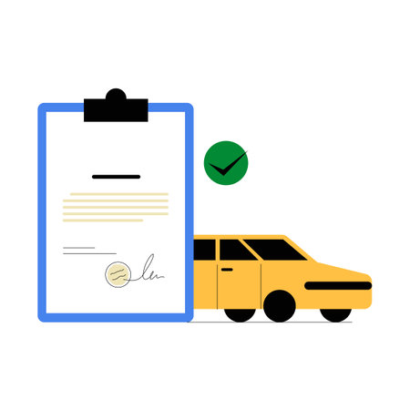 Yellow Car And Signed Document On Clipboard In Flat Vector Illustration Symbolizing Legal Agreement, Insurance, And Ownership, Isolated On White Background.のイラスト素材