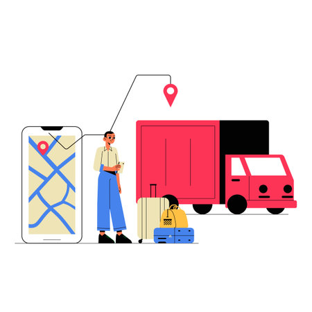Female Traveler With Luggage Standing Beside A Delivery Truck And Smartphone In Flat Vector Illustration Symbolizing Travel, Navigation, And Transportation, Isolated On White Backgroundのイラスト素材