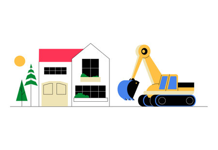 Excavator With House In Flat Vector Illustration Symbolizing Construction, Demolition, And Urban Development, Isolated On White Backgroundのイラスト素材