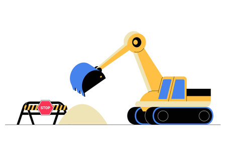 Excavator Moving Sand Near Construction Barricade With Stop Sign In Flat Vector Illustration Symbolizing Construction Work, Safety, And Industrial Equipment, Isolated On White Backgroundのイラスト素材