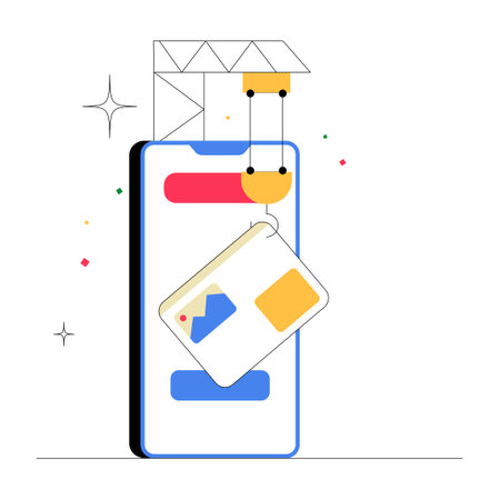 Mobile App With Construction Crane And Design Elements In Flat Vector Illustration Symbolizing Digital Development, UX Design, And Technology, Isolated On White Backgroundのイラスト素材