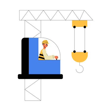 Crane Operator In Cabin In Flat Vector Illustration Symbolizing Construction Work, Machinery Operation, And Engineering Tasks, Isolated On White Background.のイラスト素材