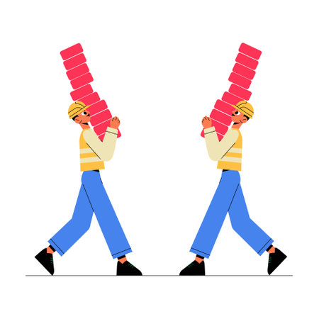 Male Construction Workers Carrying Red Bricks In Flat Vector Illustration Symbolizing Manual Labor, Teamwork, And Building Construction, Isolated On White Backgroundのイラスト素材
