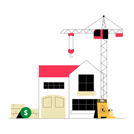 House Under Construction With Tower Crane And Dollar Sign In Flat Vector Illustration Symbolizing Real Estate Development And Building Projects, Isolated On White Backgroundのイラスト素材