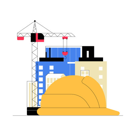 Construction Helmet With Skyscrapers And Crane In Flat Vector Illustration Symbolizing Urban Development, Engineering, And Safety, Isolated On White Backgroundのイラスト素材