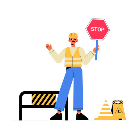 Construction Worker Holding Stop Sign In Flat Vector Illustration Symbolizing Traffic Safety, Road Maintenance, And Warning Signs, Isolated On White Backgroundのイラスト素材