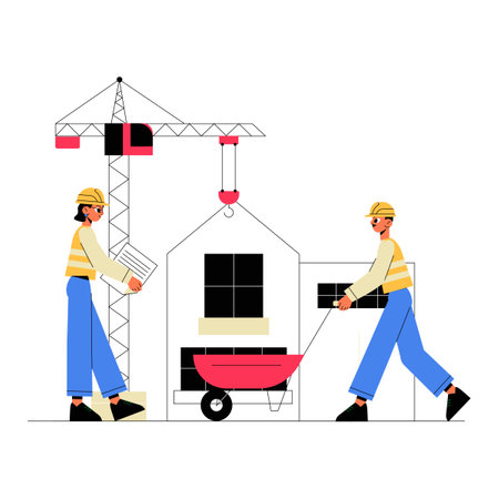 Builders Moving Construction Materials In Flat Vector Illustration Symbolizing Teamwork And Building Progress, Isolated On White Backgroundのイラスト素材