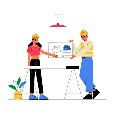 Male And Female Architects Discussing Blueprints In Flat Vector Illustration Symbolizing Collaboration, Planning, And Professional Design, Isolated On White Background.のイラスト素材