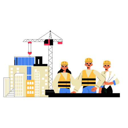 Construction Team At Building Site In Flat Vector Illustration Symbolizing Teamwork, Urban Development, And Infrastructure, Isolated On White Backgroundのイラスト素材