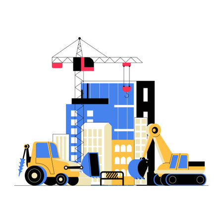 Construction Site With Machinery And Buildings In Flat Vector Illustration Symbolizing Urban Development, Infrastructure, And Building Projects, Isolated On White Background.のイラスト素材
