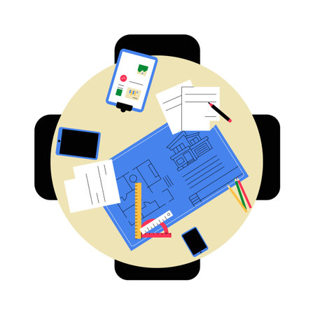 Construction Blueprint On Round Table In Flat Vector Illustration Symbolizing Architecture, Planning, And Engineering, Isolated On White Background.のイラスト素材