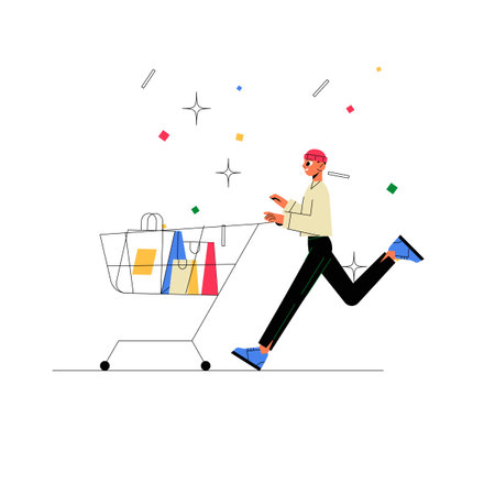 Man Pushing Shopping Cart With Colorful Bags In Flat Vector Illustration Symbolizing Shopping, Retail Therapy, And Consumer Activity, Isolated On White Background.のイラスト素材