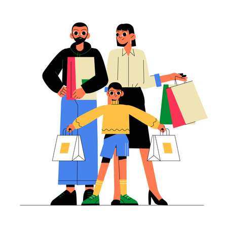 Family Shopping Together Holding Bags And Gifts In Flat Vector Illustration Symbolizing Bonding, Retail, And Festive Shopping, Isolated On White Backgroundのイラスト素材