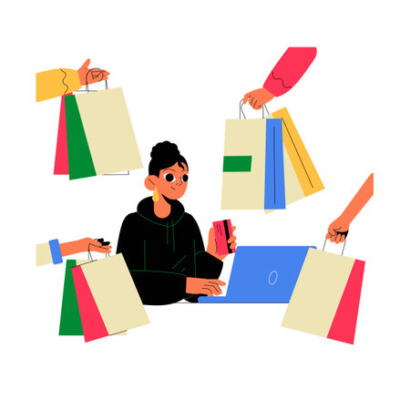Woman Using Laptop With Shopping Bags And Payment Card In Flat Vector Illustration Symbolizing Online Shopping And Digital Payments Isolated On White Backgroundのイラスト素材