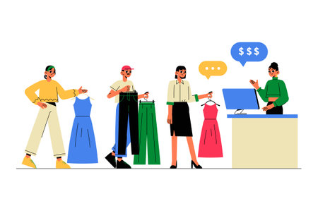Characters Shopping And Interacting With Clothing Items In Flat Vector Illustration Symbolizing Retail, Fashion, And Consumer Behavior, Isolated On White Backgroundのイラスト素材
