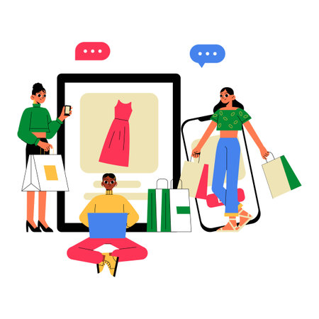 Group Shopping Online With Devices In Flat Vector Illustration Symbolizing E Commerce, Online Shopping, And Digital Retail, Isolated On White Background.のイラスト素材