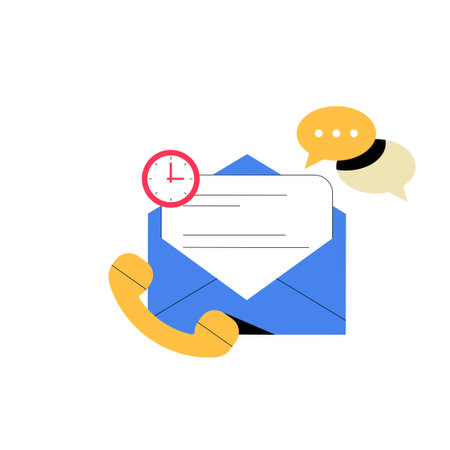 Open Envelope With Clock And Telephone Icons In Flat Vector Illustration Symbolizing Timely Communication, Customer Support, And Messaging, Isolated On White Backgroundのイラスト素材