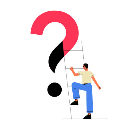 Man Climbing Ladder Beside Red Question Mark In Flat Vector Illustration Symbolizing Ambition, Challenges, And Goal Achievement, Isolated On White Background.のイラスト素材