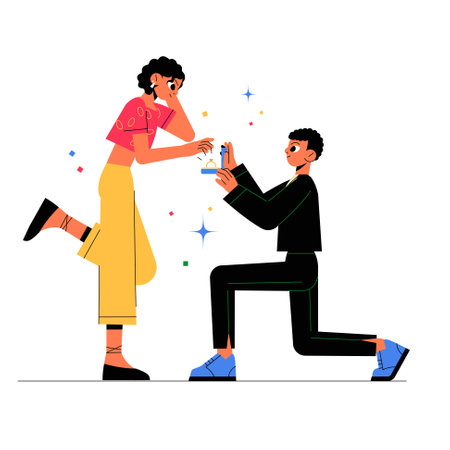 Man Proposing To A Woman With A Ring In Flat Vector Illustration Symbolizing Love, Romance, And Marriage Proposal, Isolated On White Backgroundのイラスト素材