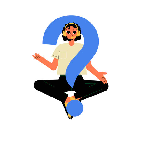 Woman Meditating Inside Blue Question Mark In Flat Vector Illustration Symbolizing Focus, Mindfulness, And Relaxation, Isolated On White Background.のイラスト素材