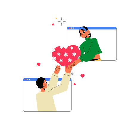 Online Love Connection In Flat Vector Illustration Symbolizing Long-Distance Relationships, Communication, And Affection, Isolated On White Backgroundのイラスト素材