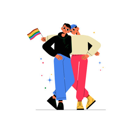 Two Individuals Holding A Rainbow Flag In Flat Vector Illustration Symbolizing Pride, Diversity, And Unity, Isolated On White Backgroundのイラスト素材