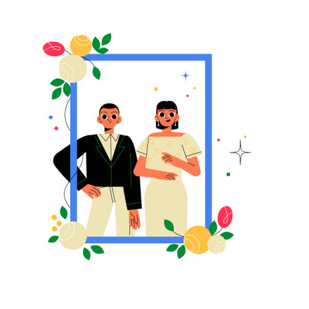 Couple In A Decorative Frame In Flat Vector Illustration Symbolizing Unity, Love, And Celebration, Isolated On White Backgroundのイラスト素材